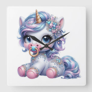 Baby Unicorn Quadratische Wanduhr