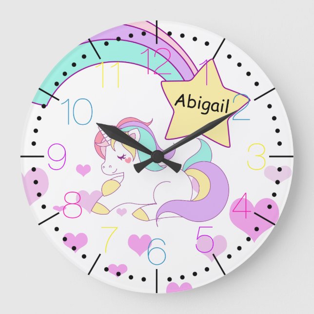 Baby Unicorn Regenbogenillustrierung Große Wanduhr (Vorderseite)