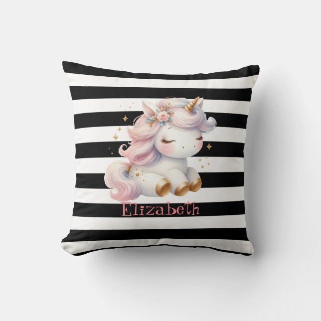 Baby Unicorn Schwarz-weiße Streifen Kissen (Vorderseite)