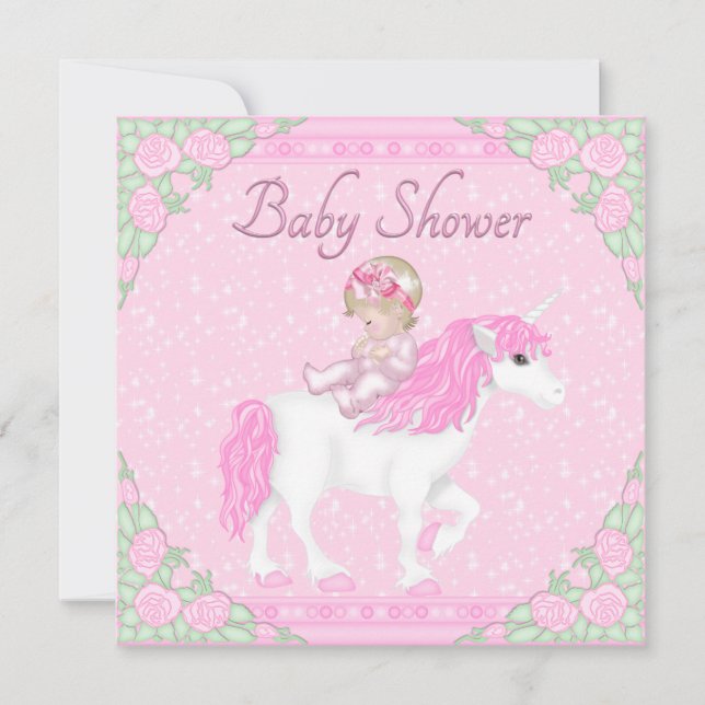Baby, Unicorn und Rose Pink Babydusche Einladung (Vorderseite)