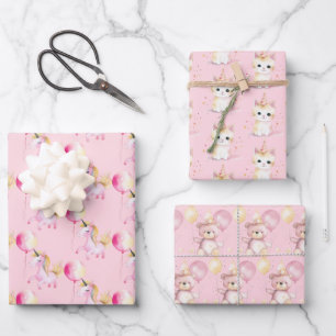 Baby Unicorns, Bären, Kätzchen Pink Wrapping Paper Geschenkpapier Set