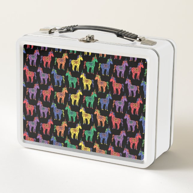 Baby Unicorns mehrfarbig auf Black Metal Lunchbox (Vorderseite)