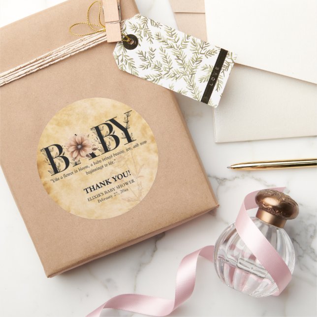 Baby Vintag Floral Monogram Babydusche Runder Aufkleber (Schenken)
