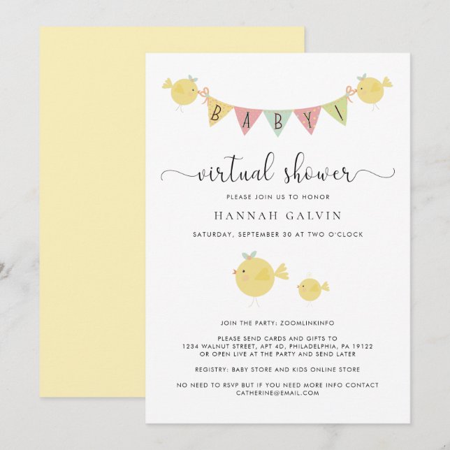 Baby Virtual Dusche | Mama Bird & Baby Chick Einladung (Vorne/Hinten)