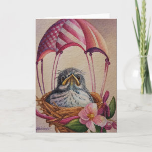 Baby-Vogel-Nestling rosa Fallschirm Aquarell-Kunst Karte