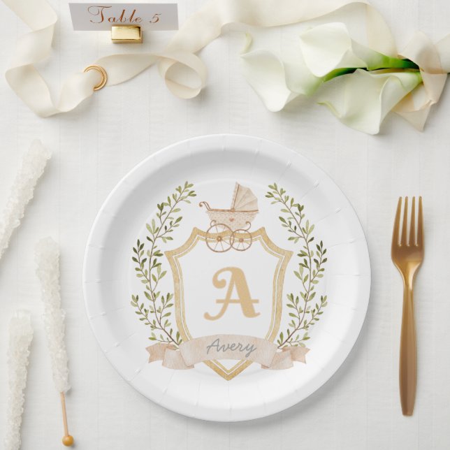 Baby-Wagen-Monogramm A | Neutrale Geburtsanzeige Pappteller (Hochzeit)