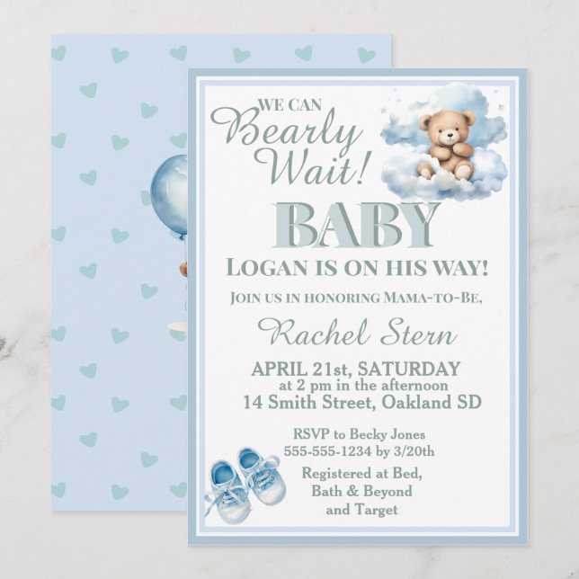 Baby Wait - Boy Teddy Bear auf einer Cloud Baby Du Einladung (Vorne/Hinten)