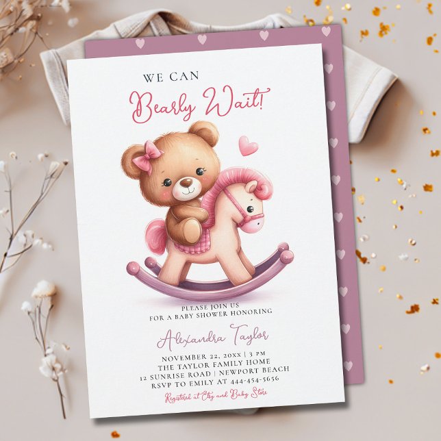 Baby Wait Rocking Horse Bow Baby Girl Dusche Einladung (we can bearly wait baby girl shower invitation teddy bear cute rocking chair cowboy western pink bow)