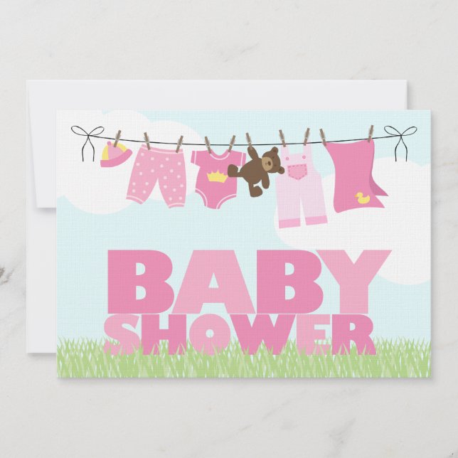 Baby-Wäscheleine-Mädchen-Babyparty Einladung (Vorderseite)