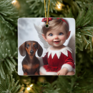 Baby-Weihnachtself und Dachshund-Karte Keramikornament