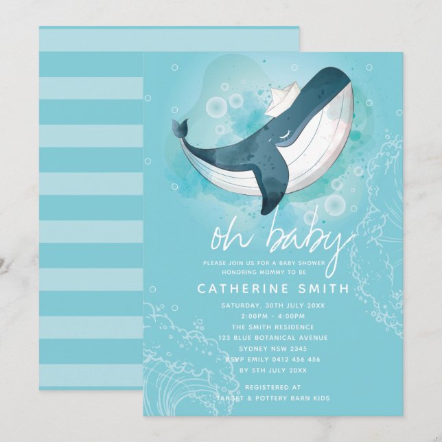 Baby Whale Boy Baby Dusche Einladung (Vorne/Hinten)