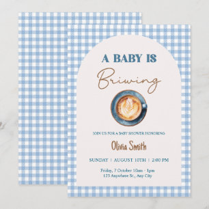 Baby wird Coffee Baby Shower Blue Gingham zubereit Einladung