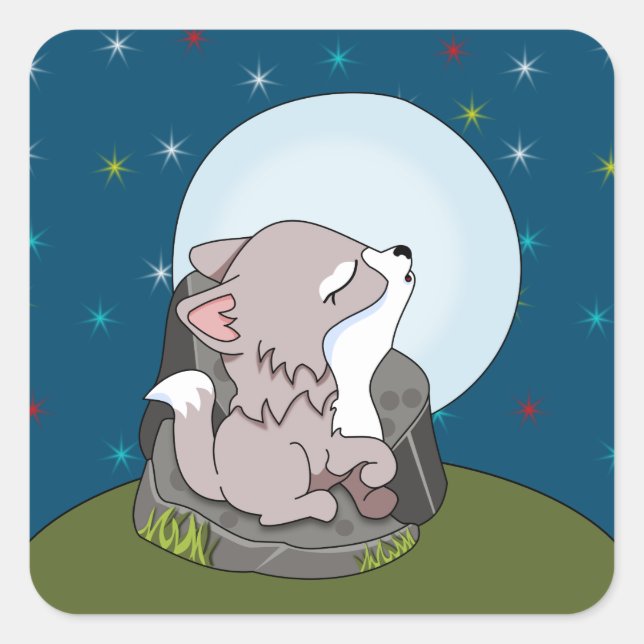 Baby Wolf auf dem Mond Quadratischer Aufkleber (Vorderseite)
