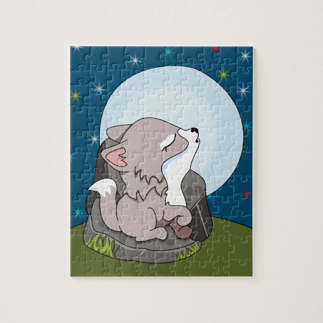 Baby-Wolf, der an einem Mond heult (Vertikal)