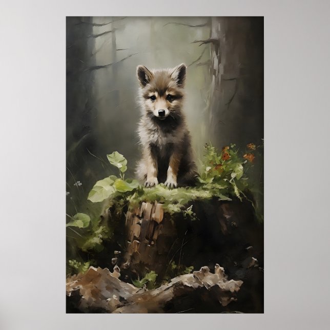 Baby Wolf Wald Druck, Botanischer Wald Poster (Vorne)
