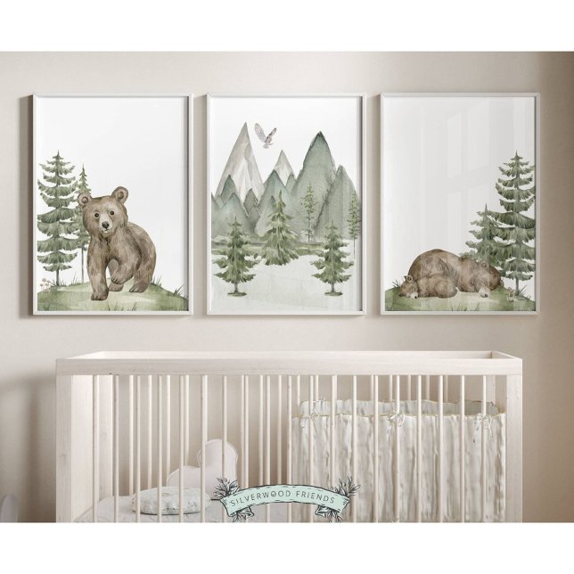 Baby Woodland Bear Kinderzimmer Prints - Set von 3 (Set of 3 Baby Bear Forest Nursery Prints are the perfect addition to your babys woodland nursery)