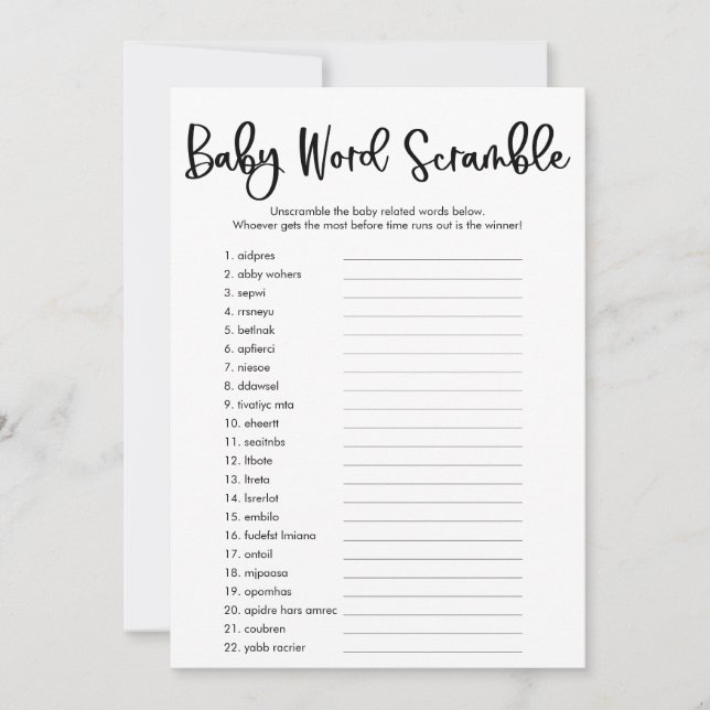 Baby word Ramming Baby Dusche Spiel einfach modern Einladung (Vorderseite)