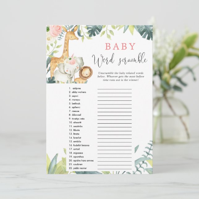 Baby word Rührei Safari Baby Dusche Spiel Einladung (Stehend Vorderseite)