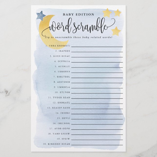 Baby Word Scramble, Blue Over Moon Paper Spielkart Flyer (Vorne)