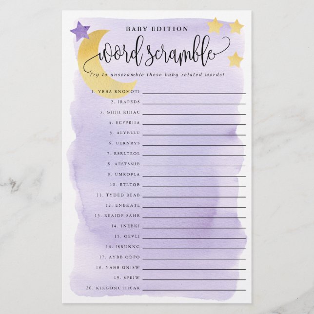 Baby Word Scramble Game Paper Cards Lila Flyer (Vorne)