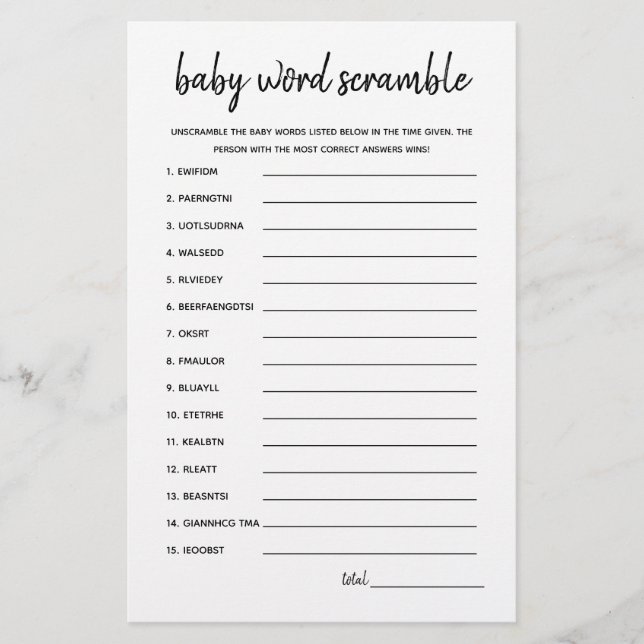 Baby Word Scramble Minimalistisch Baby Showspiel (Vorderseite)