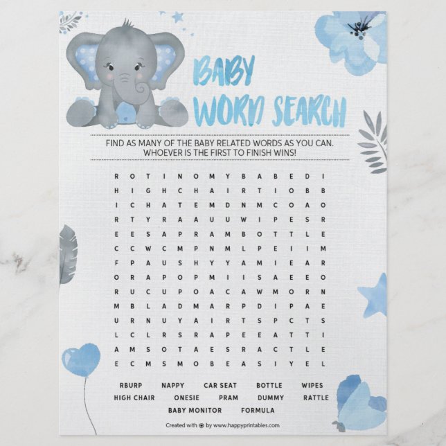 Baby Word Search [Baby Elephant [blau] Briefbogen (Vorderseite)
