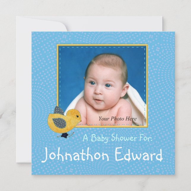Baby Yellow Chick Blue Foto Babydusche Einladung (Vorderseite)
