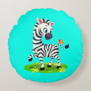 Baby Zebra Zeichnend Spielen mit Schmetterling-239 Rundes Kissen