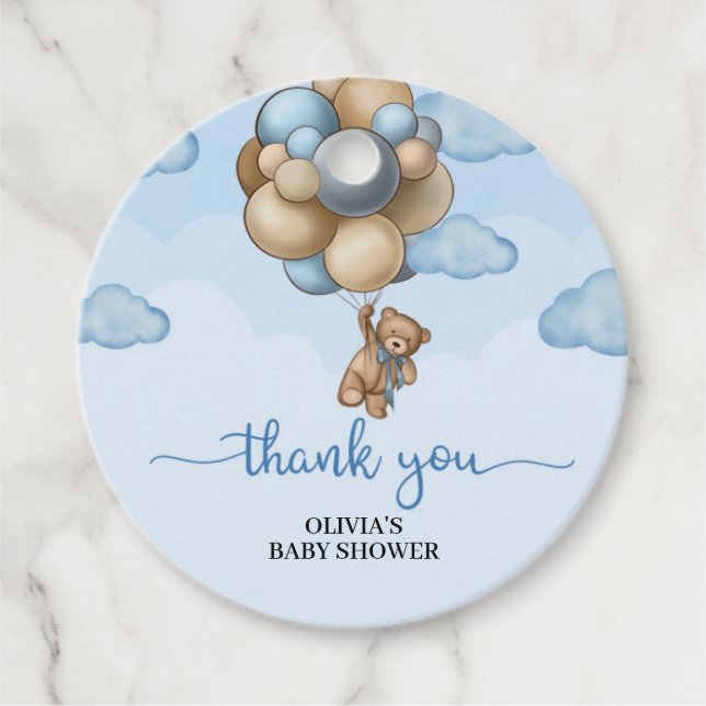 Babybär blaubraune Ballons Babydusche Geschenkanhänger (Vorderseite)