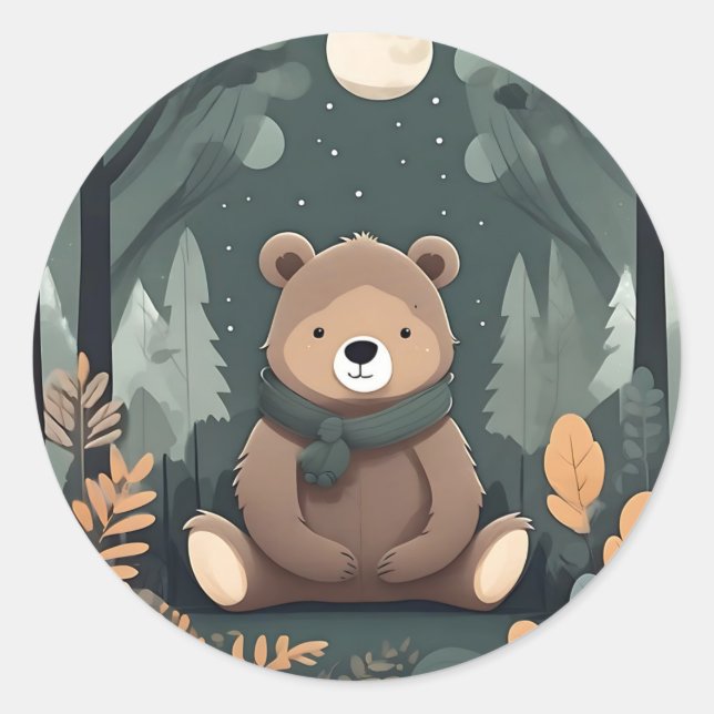 Babybär mit Mond im Wald Runder Aufkleber (Vorderseite)