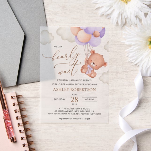 Babybär, Niedlicher Bär, Lila Balloons, Babydusche (Hochzeit)