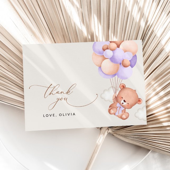 Babybär, Niedlicher Bär, Lila Balloons, Babydusche Dankeskarte (Von Creator hochgeladen)