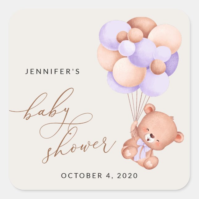 Babybär, Niedlicher Bär, Lila Balloons, Babydusche Quadratischer Aufkleber (Vorderseite)