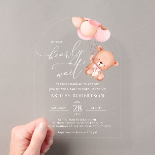 Babybär, Teddybär, rosa Balloons, Babydusche Acryleinladungen
