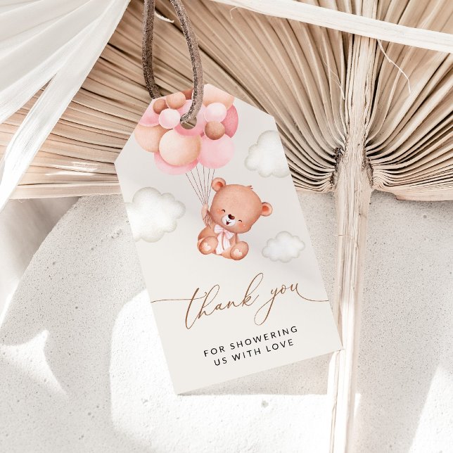 Babybär, Teddybär, rosa Balloons, Babydusche Geschenkanhänger (Von Creator hochgeladen)