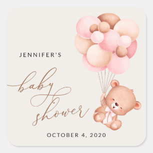 Babybär, Teddybär, rosa Balloons, Babydusche Quadratischer Aufkleber