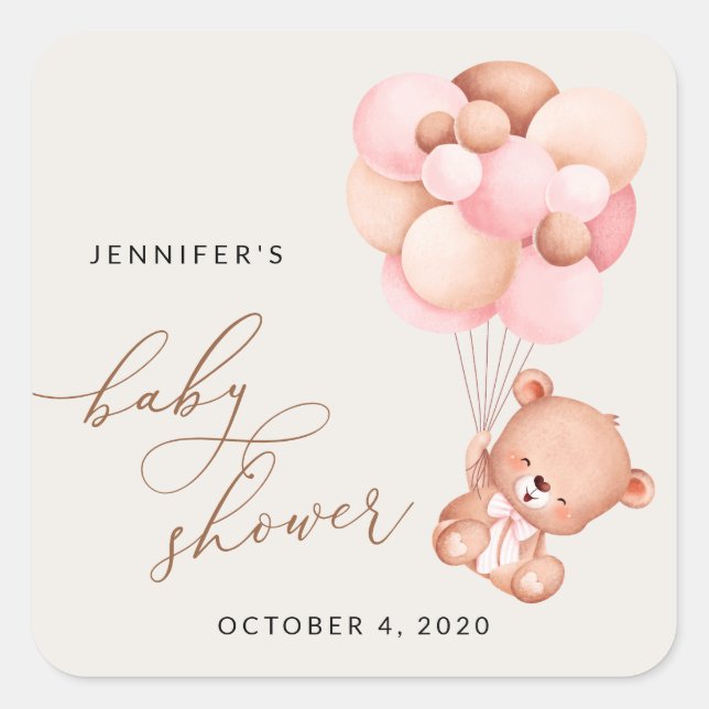 Babybär, Teddybär, rosa Balloons, Babydusche Quadratischer Aufkleber (Vorderseite)