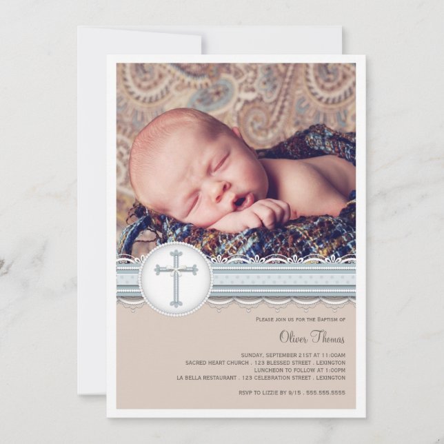 Babyblau| Beige Foto Einladung (Vorderseite)