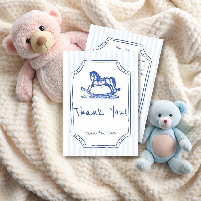 Babyblau-Rockpferde-Babydusche Dankeskarte (Oh baby blue rocking horse handrawn sketch baby shower thank you cards)