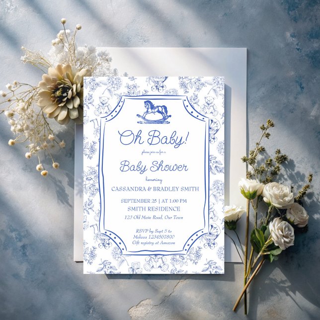 Babyblau-Rockpferde-Babydusche Einladung (Oh baby dusty blue rocking horse vintage sketch toile de jouy baby shower invitation template)