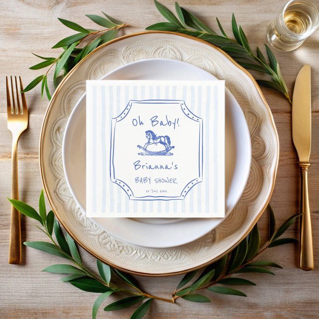 Babyblau-Rockpferde-Babydusche Serviette (Oh baby blue rocking horse handrawn sketch baby shower  monogrammed napkins personalized table decor)