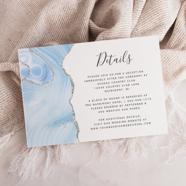 Babyblau-Silber-Aquarellfarben-Hochzeitsdetails Begleitkarte (Von Creator hochgeladen)