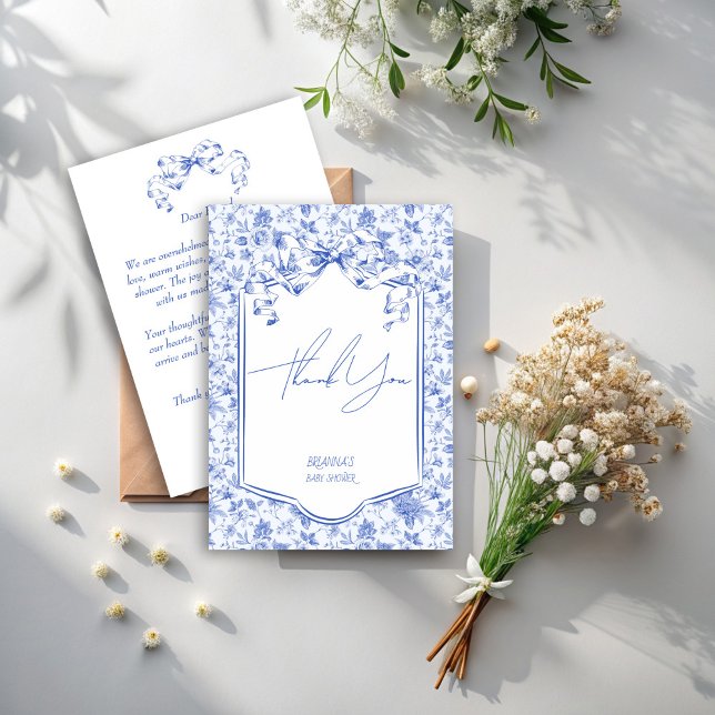 Babyblau-Toile-de-jouy-Sketch Babydusche Dankeskarte (Oh baby blue toile de jouy sketch ribbon bow baby shower thank you cards)