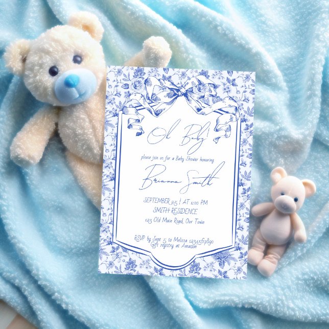 Babyblau-Toile-de-jouy-Sketch Babydusche Einladung (Oh baby blue toile de jouy ribbon bow sketch baby shower invitation template)