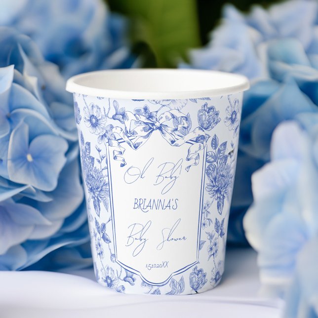 Babyblau-Tulle de jouu Baby-Dusche Pappbecher (Oh baby blue toile de jouy vintage bow baby sketch shower monogrammed paper cups personalized decor)