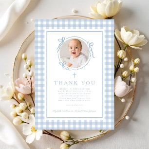 Babyblaue Gingham-Foto-Jungen-Taufe Dankeskarte