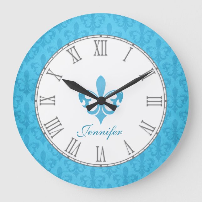 Babyblauer Lilie-Damast-Namen-Wand Große Wanduhr (Vorderseite)