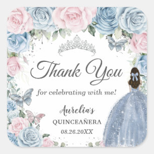 Babyblaues hellrosa florales Prinzessin-Quinceañer Quadratischer Aufkleber