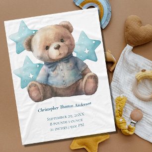 Babydecke Geburtsstatistik Baby Bär Blau Jungen Ge Fleecedecke