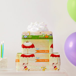 Babyduschbahn mit Tieren und Regenschirm Geschenkpapier